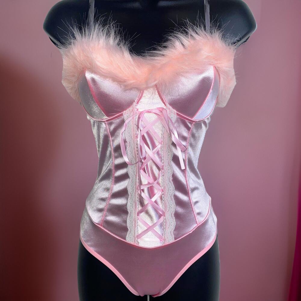 New Medium Silky Pink Feather Bunny Bodysuit Halloween Costume Set Mean Girls - Picture 3 of 5